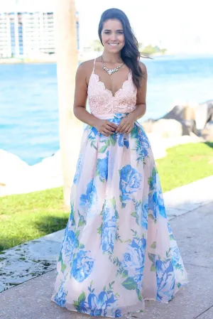 Pink and Blue Floral Maxi Dress with Crochet Top