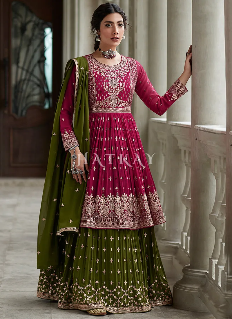 Pink And Green Embroidery Peplum Anarkali Lehenga