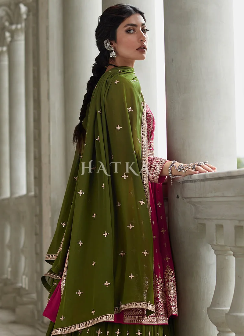 Pink And Green Embroidery Peplum Anarkali Lehenga