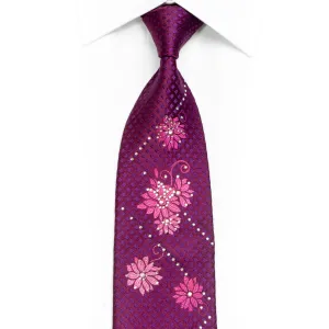 Pink Floral On Burgundy Rhinestone Necktie With Sparkles