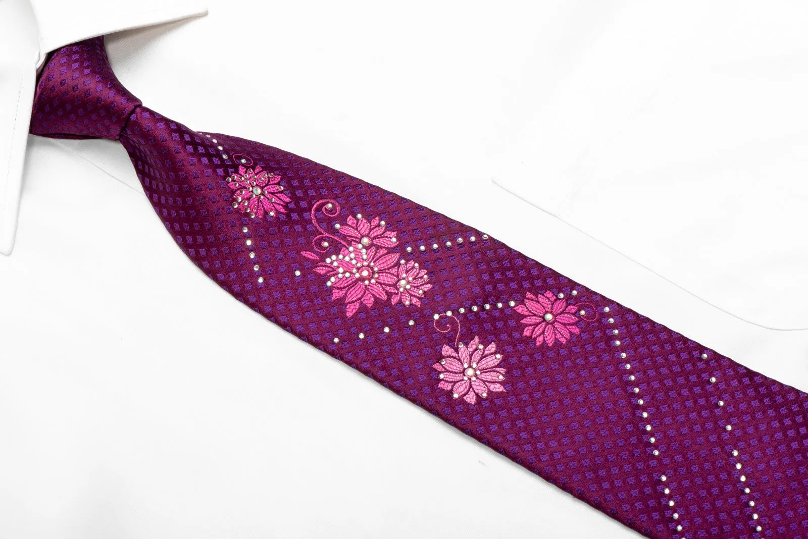 Pink Floral On Burgundy Rhinestone Necktie With Sparkles