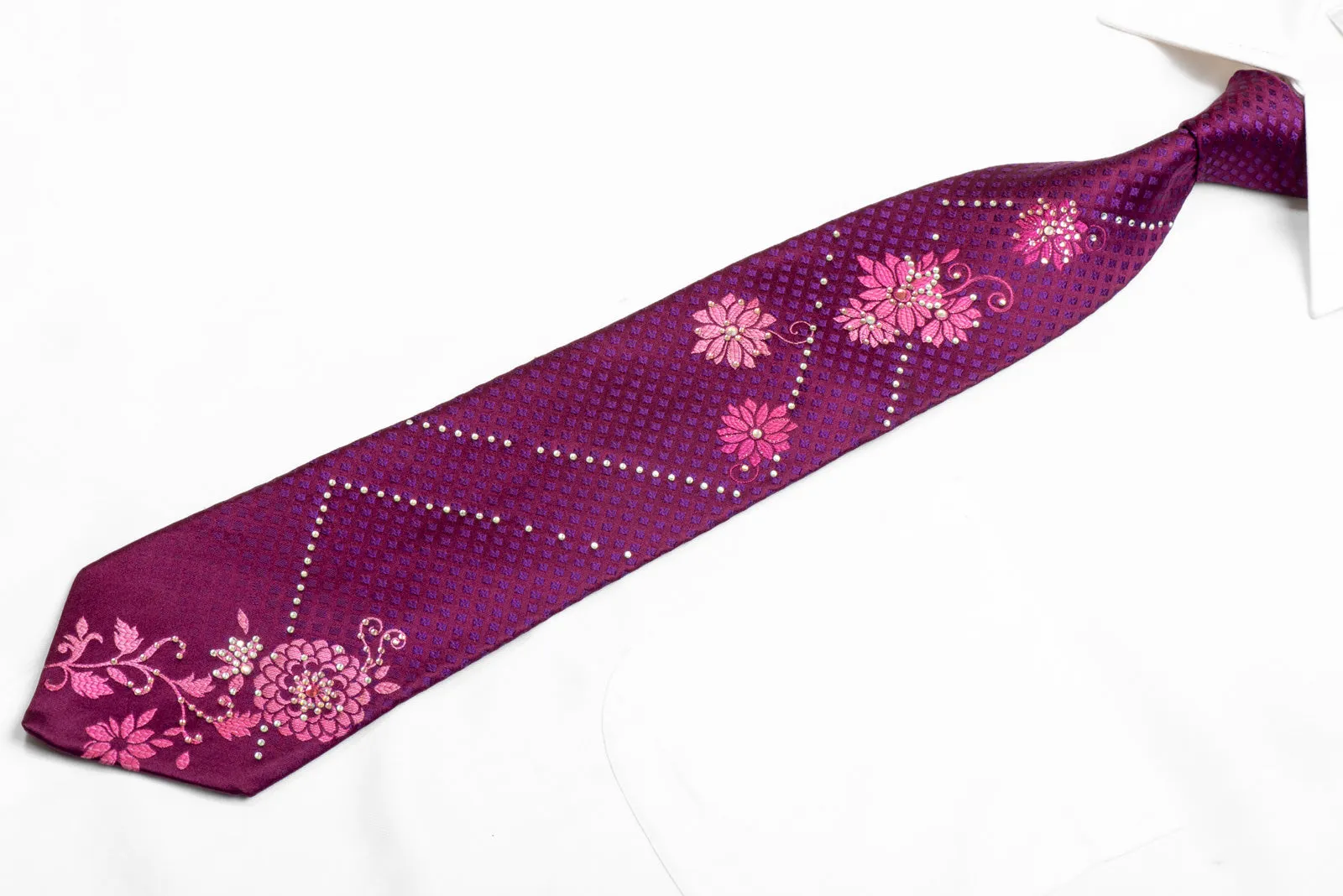 Pink Floral On Burgundy Rhinestone Necktie With Sparkles