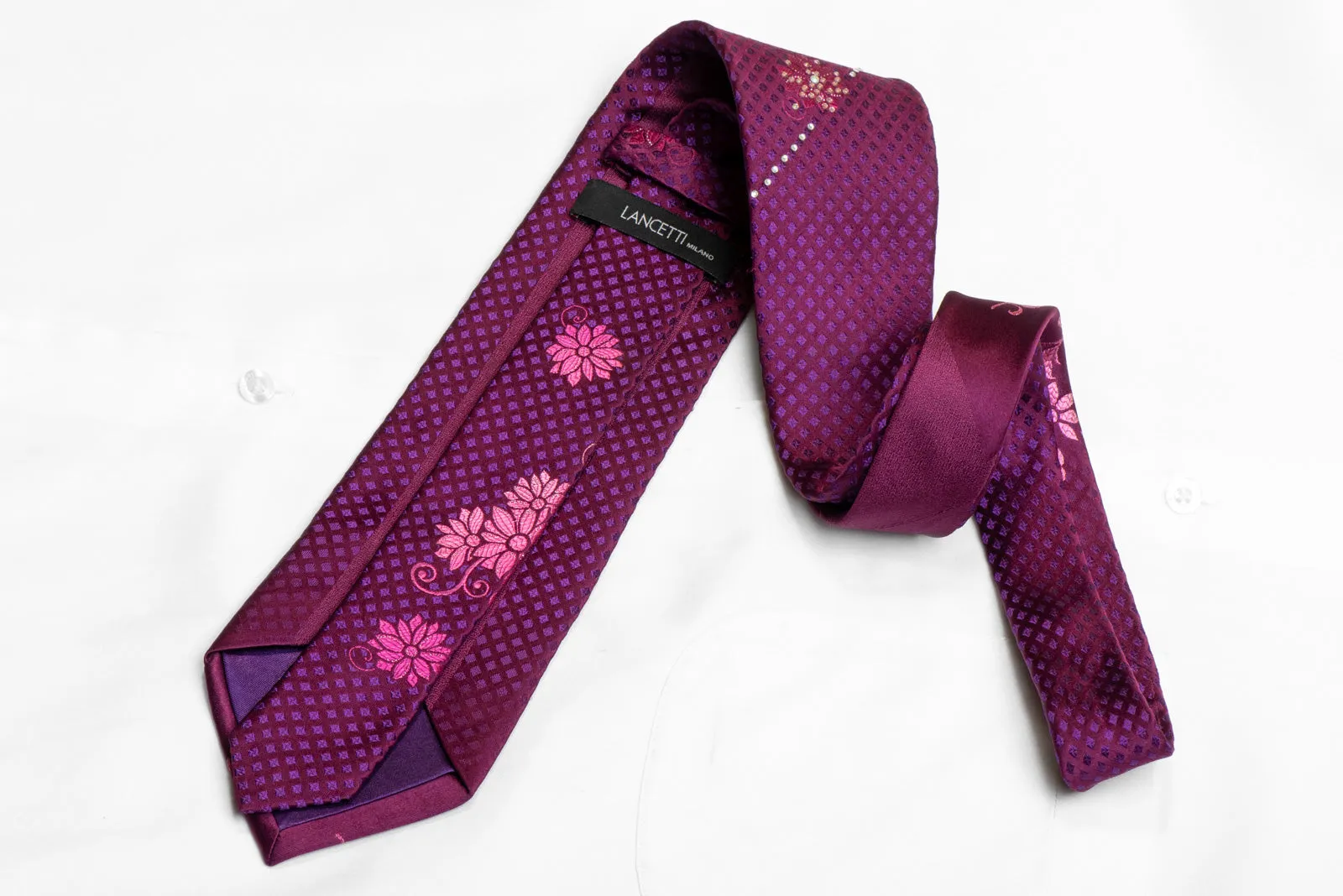 Pink Floral On Burgundy Rhinestone Necktie With Sparkles