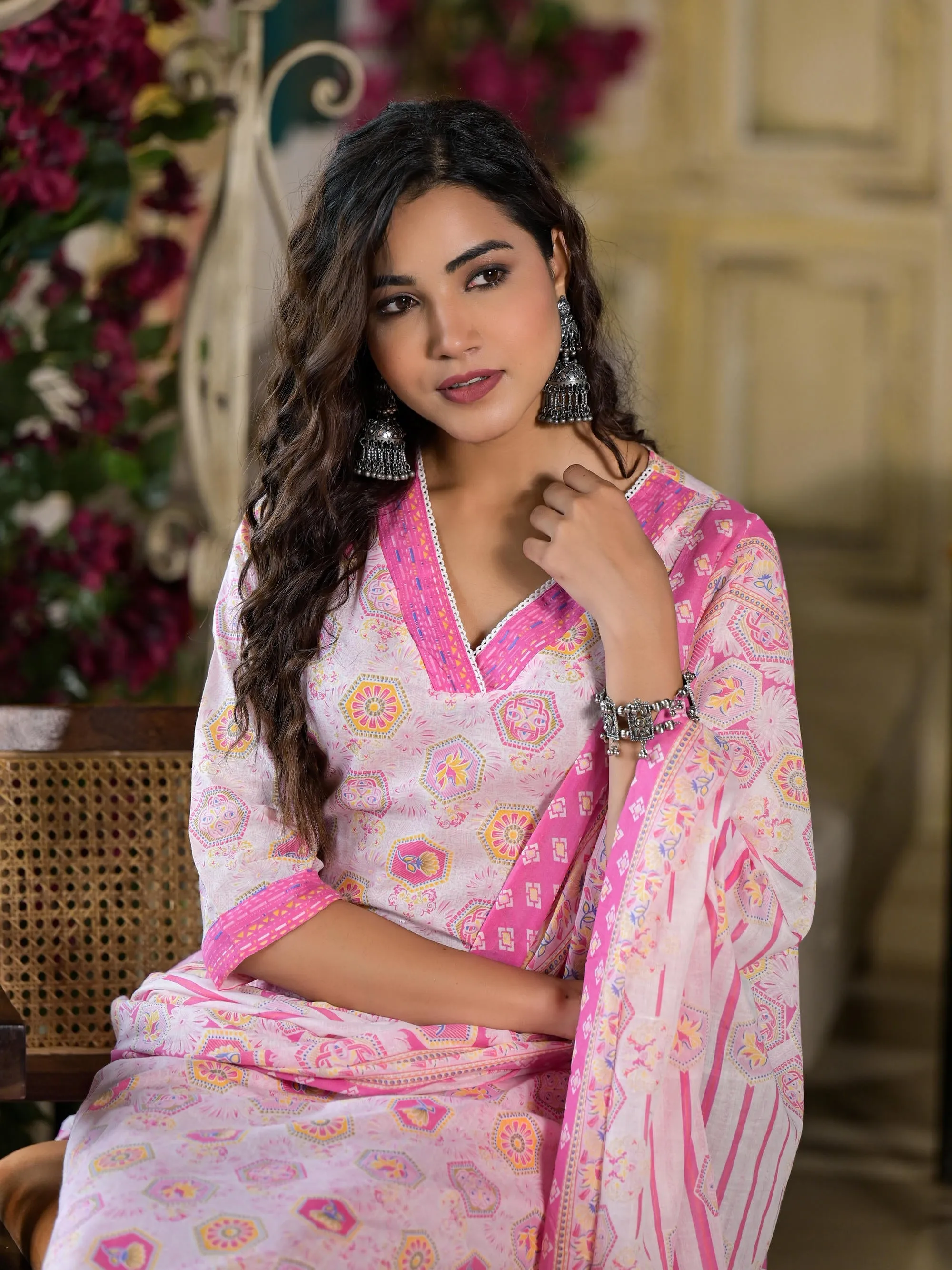 Pink Floral Printed Cotton Kurta Set With Lace