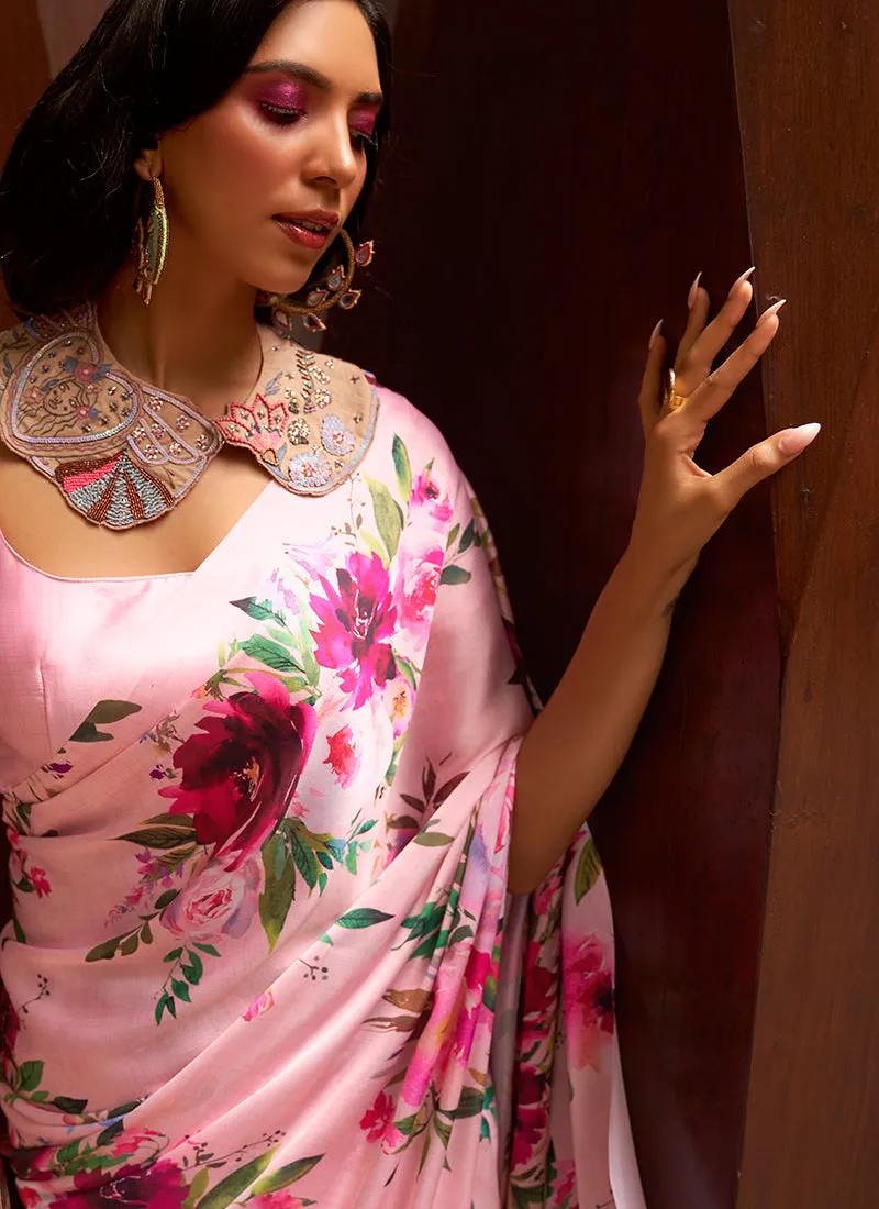 Pink Floral Printed Festive Saree