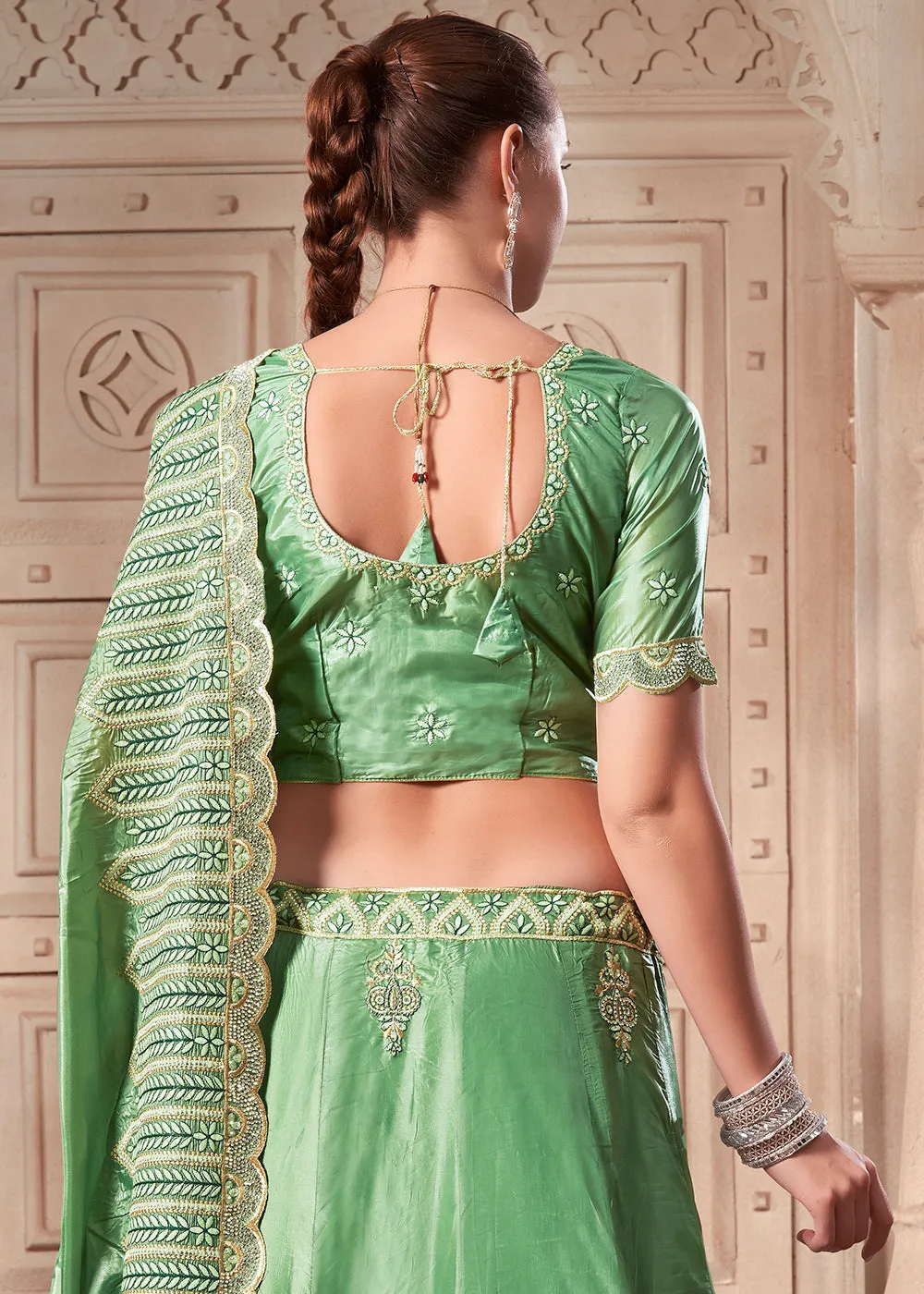 Pista Green Soft Paper Silk Wedding Wear Lehenga Choli