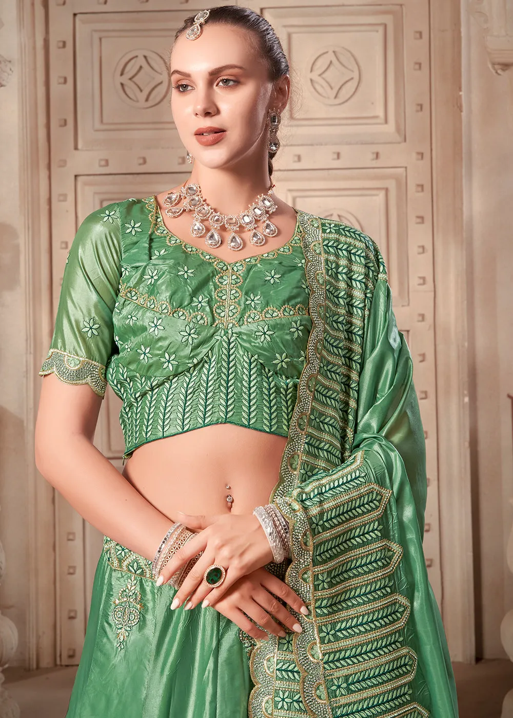 Pista Green Soft Paper Silk Wedding Wear Lehenga Choli