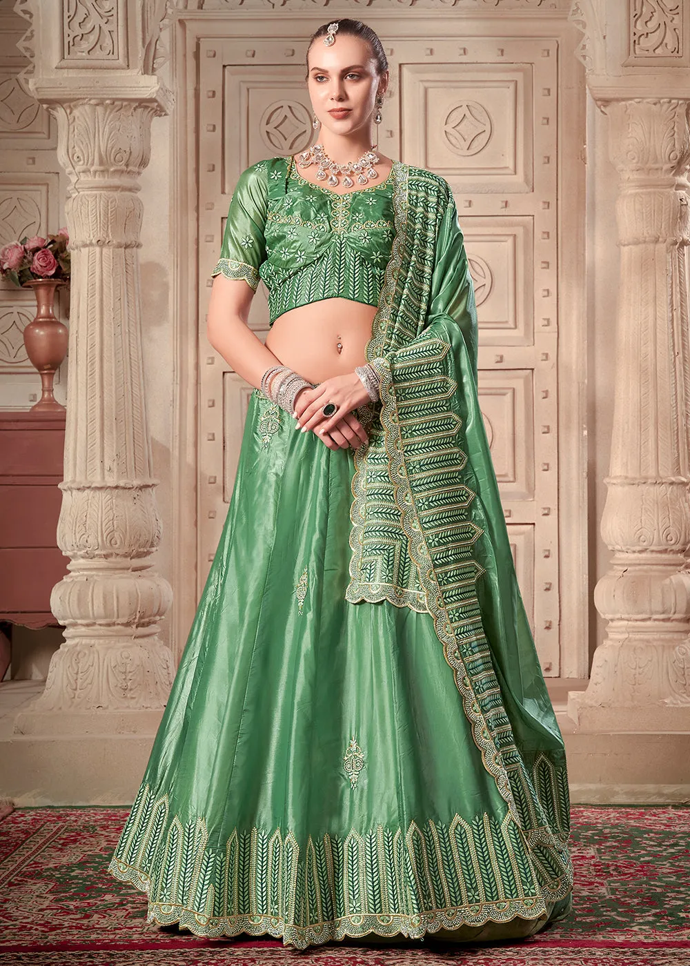 Pista Green Soft Paper Silk Wedding Wear Lehenga Choli