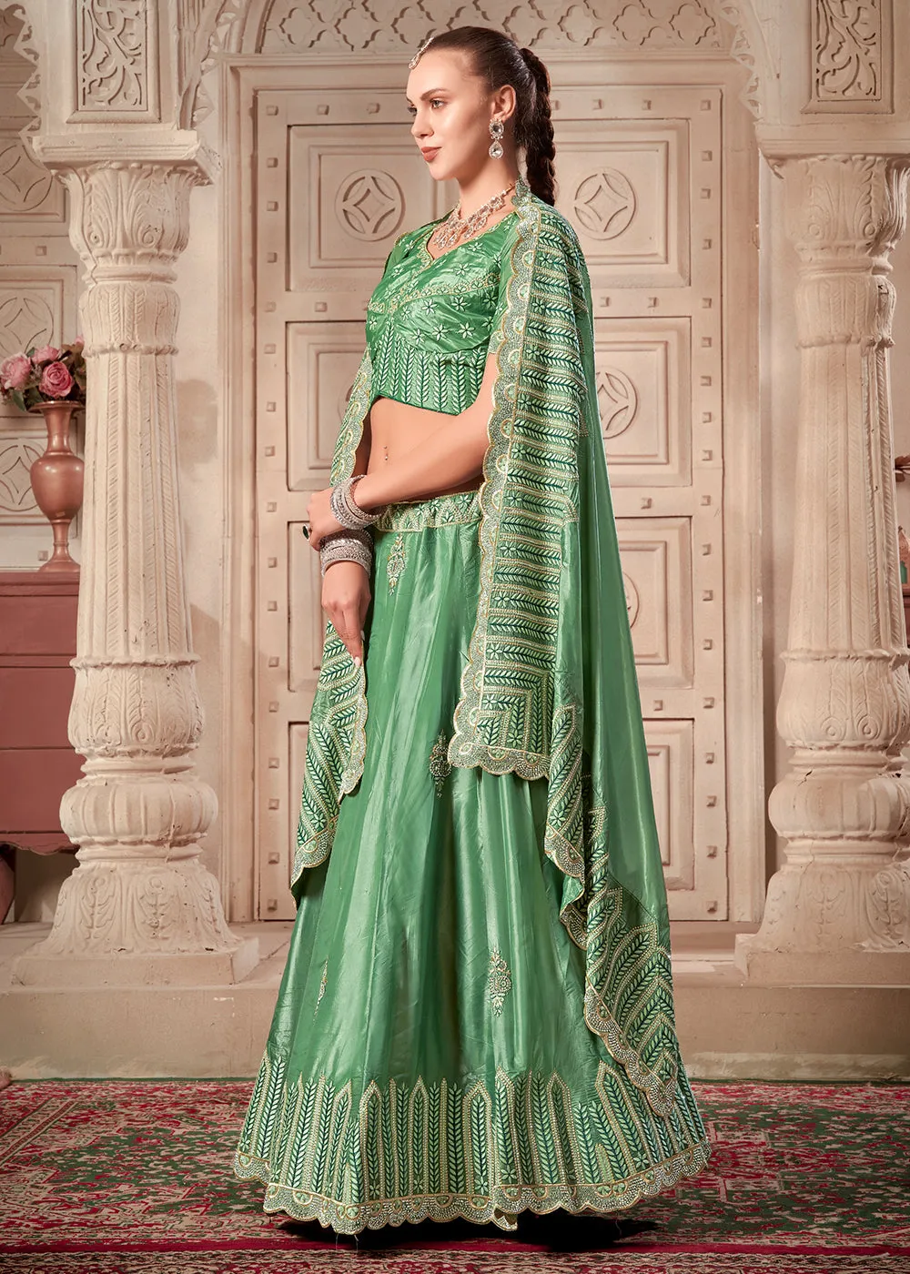 Pista Green Soft Paper Silk Wedding Wear Lehenga Choli