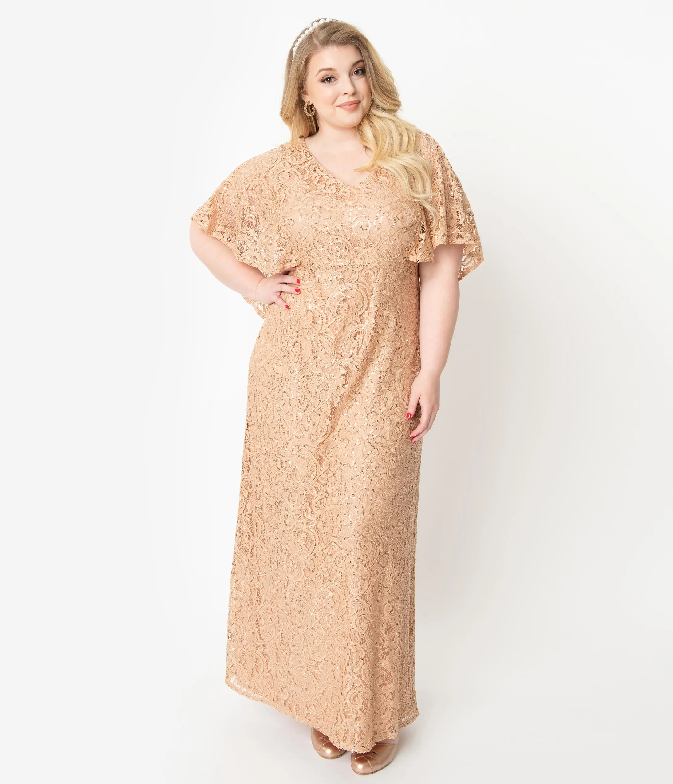 Plus Size Champagne Sequin Lace Cape Sleeve Celestial Gown