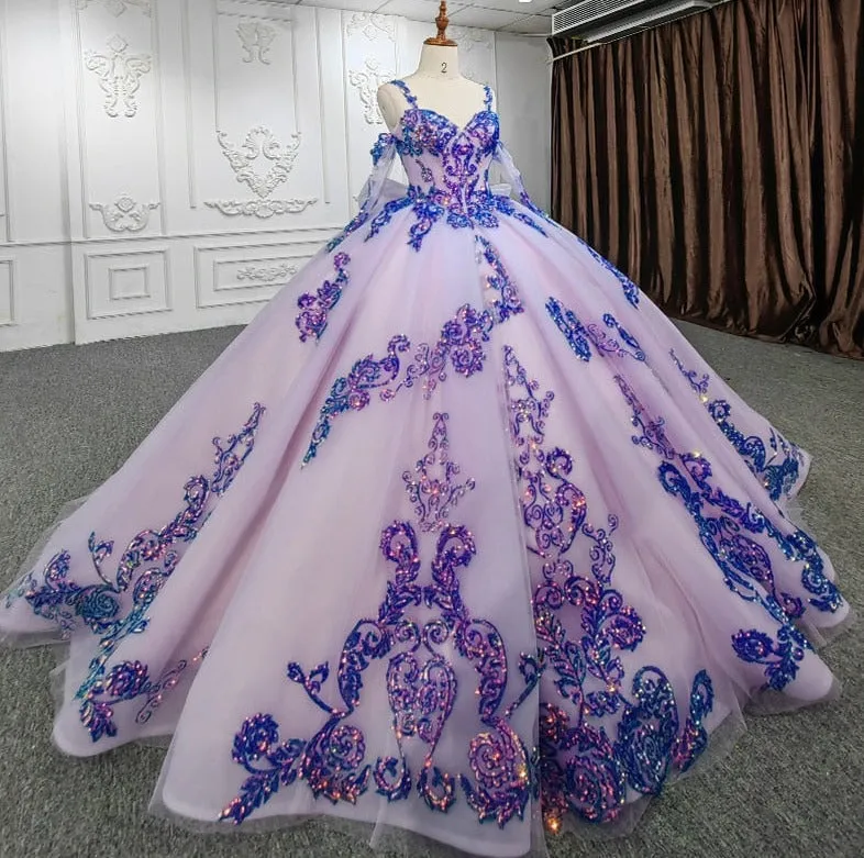 Purple Beaded Sweetheart Evening Party Dress Sequined Ball Gown