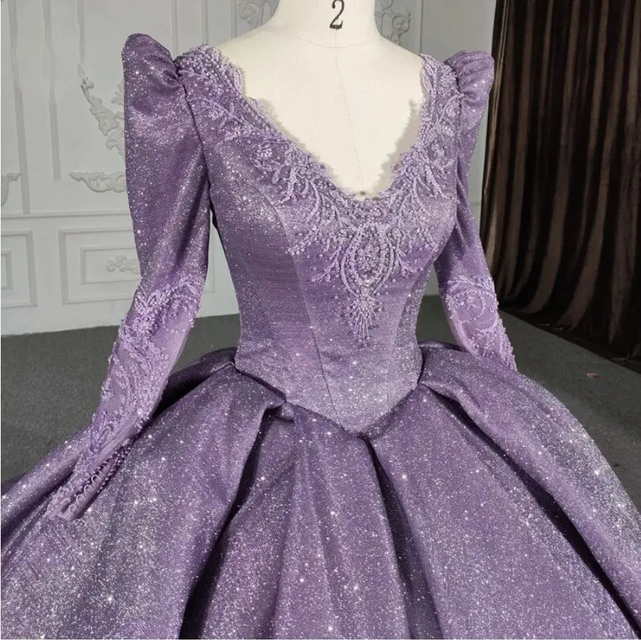 Purple Long Sleeve Full Gather Skirt A Line Party Ball Gown