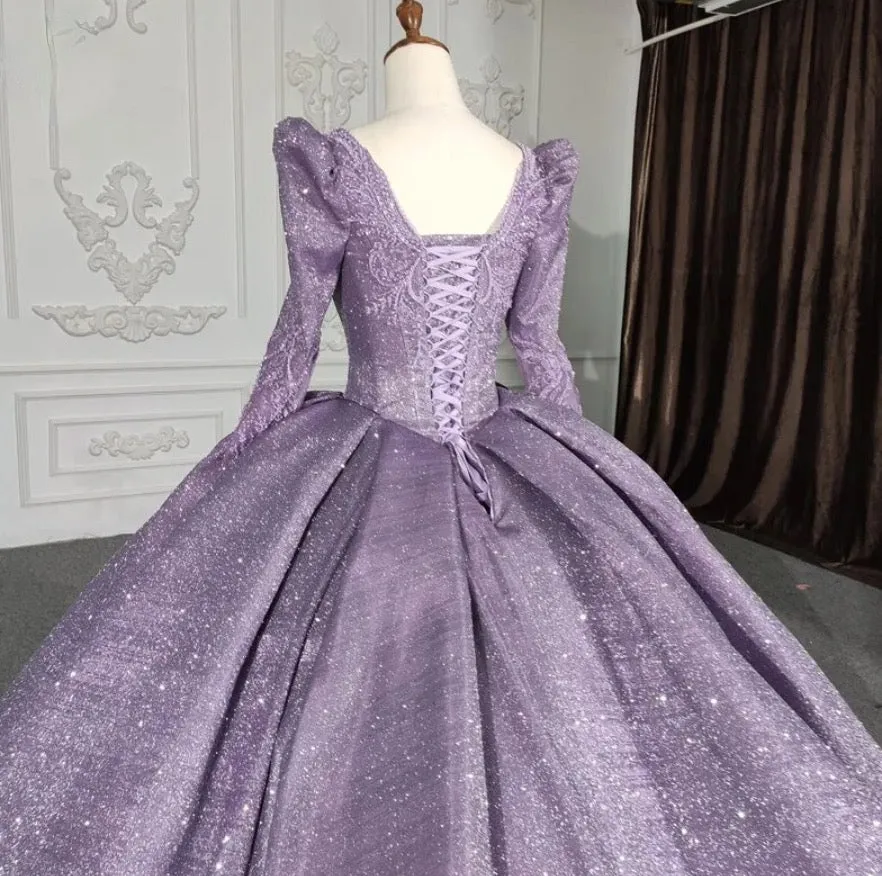 Purple Long Sleeve Full Gather Skirt A Line Party Ball Gown