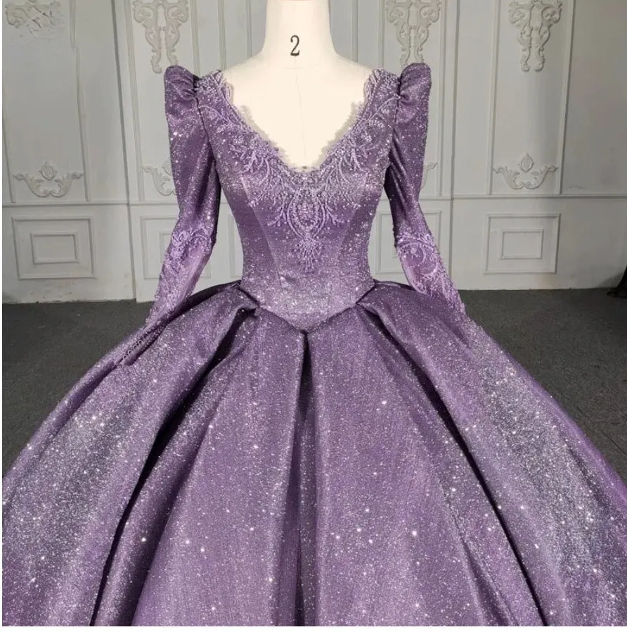 Purple Long Sleeve Full Gather Skirt A Line Party Ball Gown