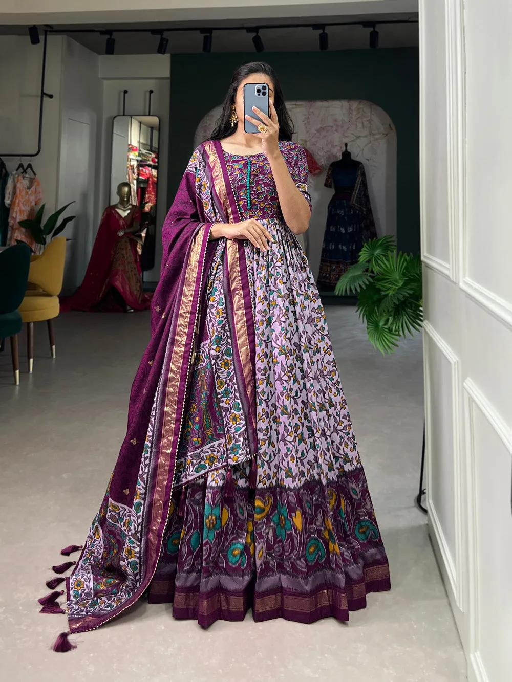 Purple Tussar Silk Floral Gown with Foil Print & Dupatta