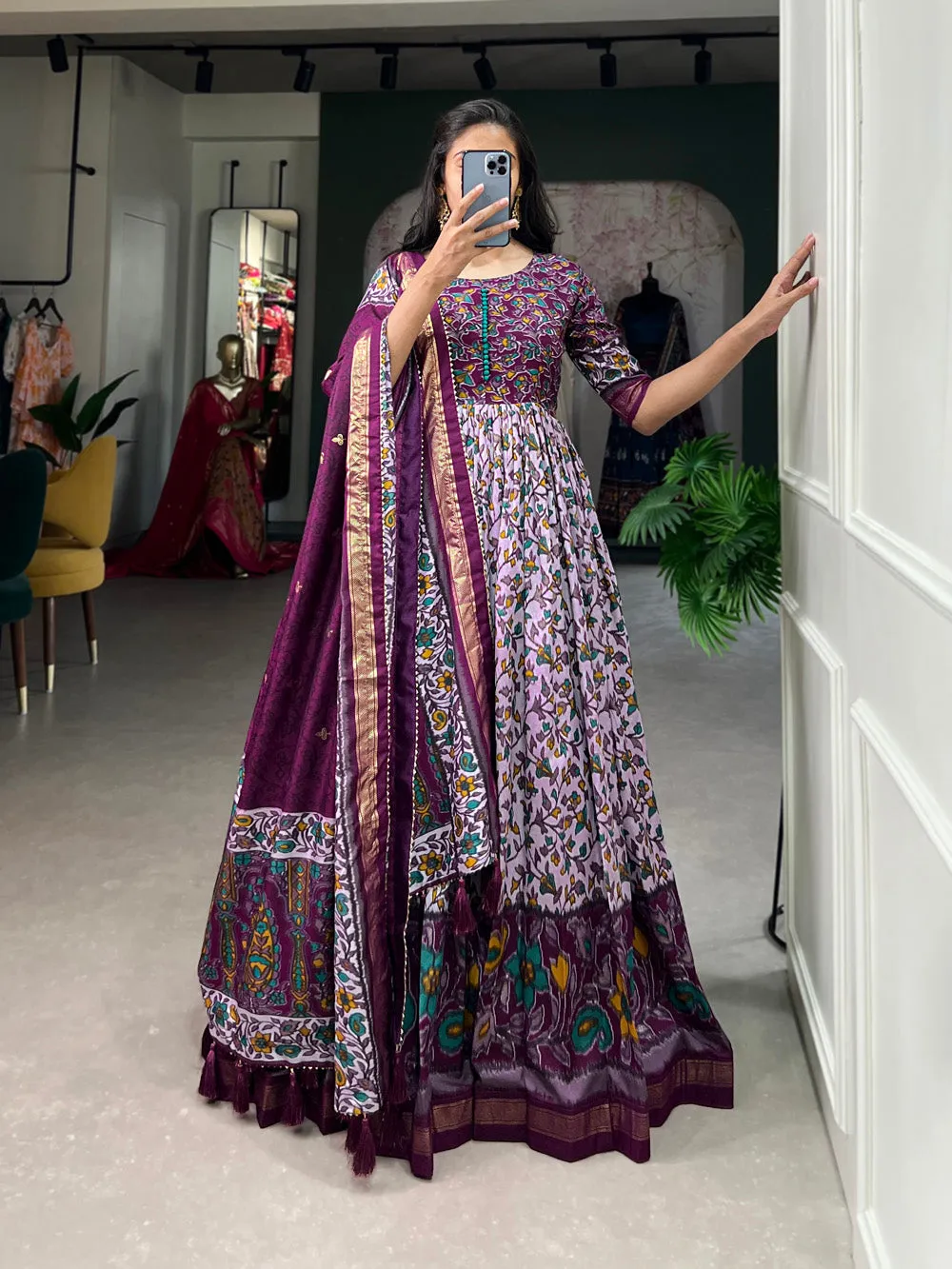 Purple Tussar Silk Floral Gown with Foil Print & Dupatta