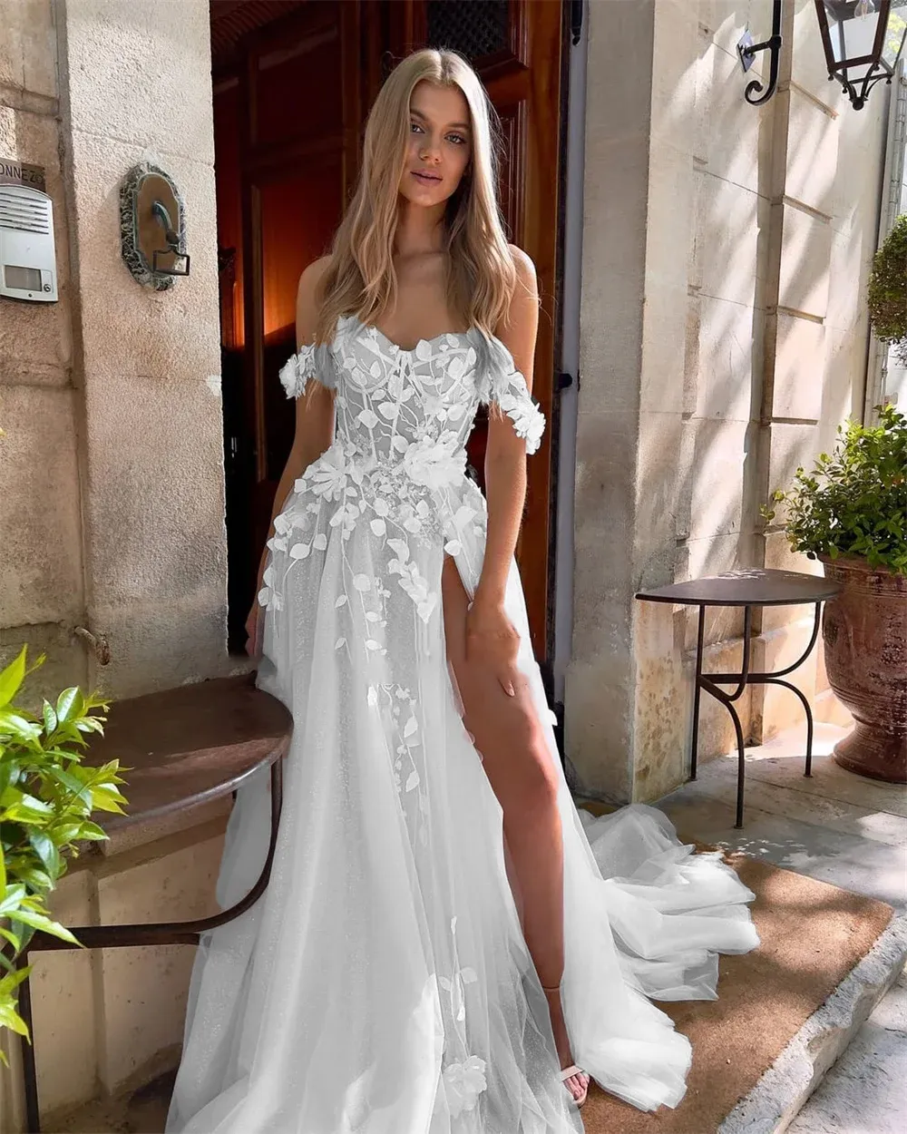 Qanz High Split Wedding Dresses For Women Sleeves Sweetheart Bridal Gowns Open Back Lace Robes Delicated Vestido De Novia 2024