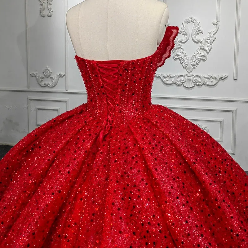 Quinceanera Ball Gown Red Sequined Dress