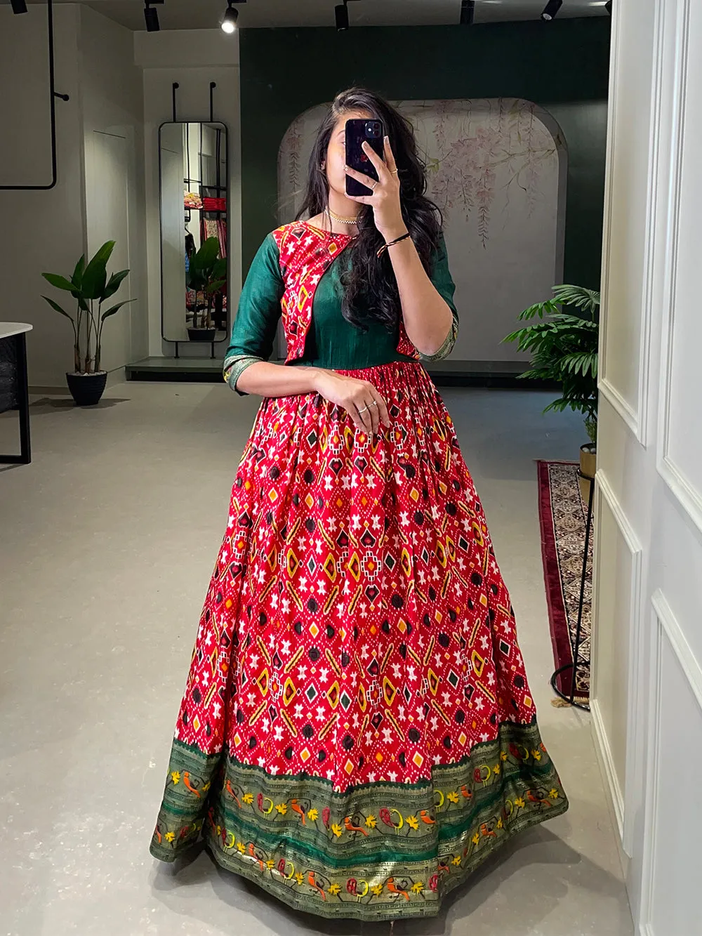 Red Color Patola Paithani Printed And Foil Printed Silk Gown