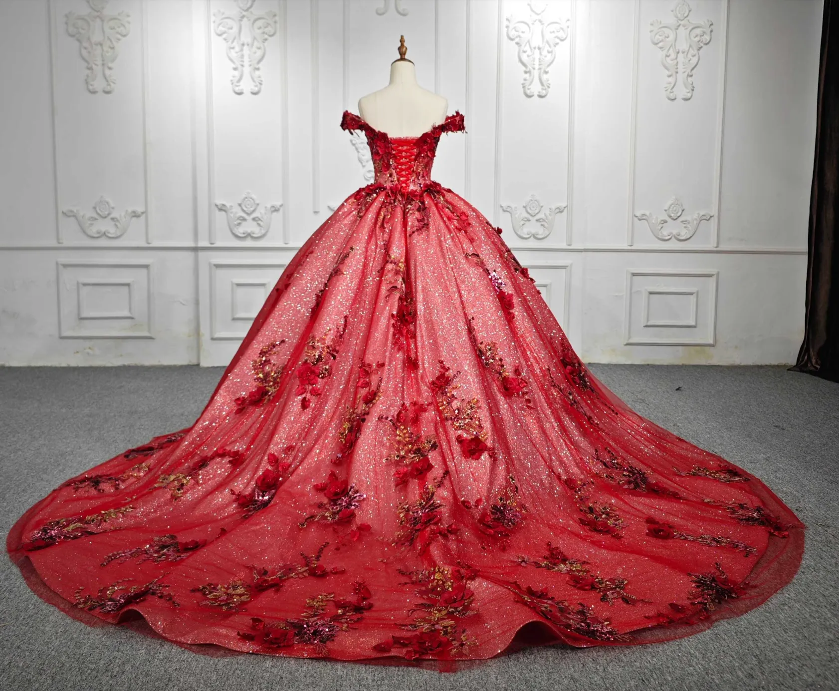 Red Flower Quinceañera Dress