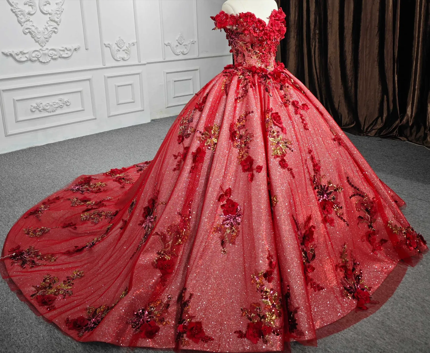 Red Flower Quinceañera Dress