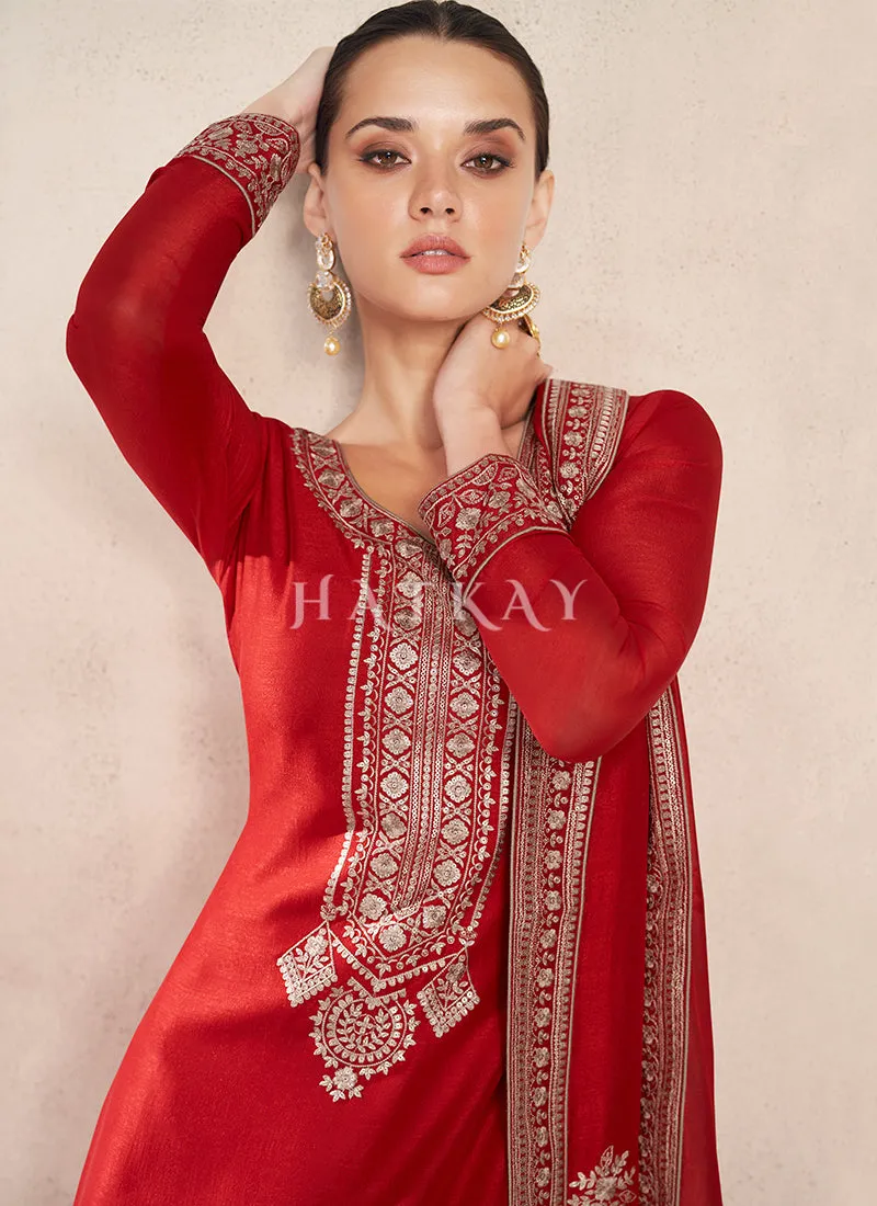 Red Golden Embroidered Silk Salwar Kameez