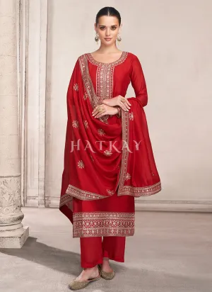 Red Golden Embroidered Silk Salwar Kameez