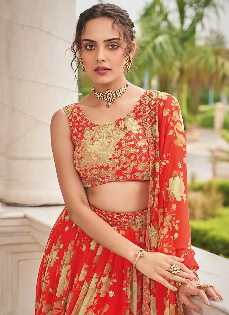 Red Sequence Embroidery Floral Printed Lehenga Choli