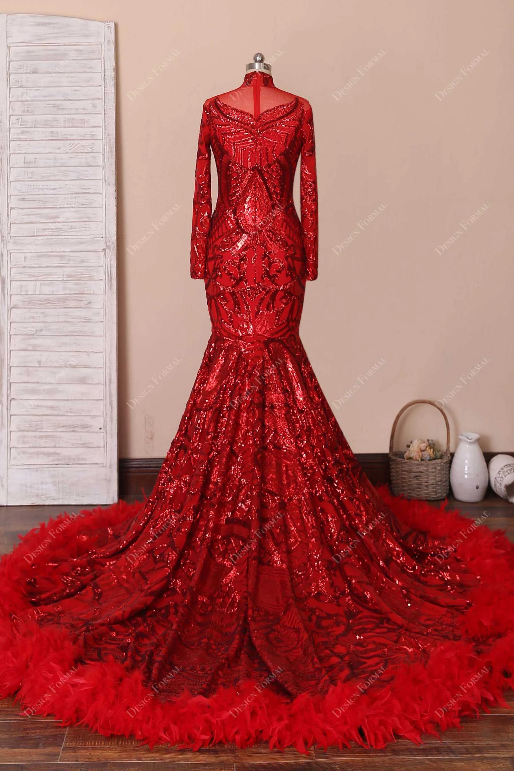 Red Sequin Feather Dramatic Mermaid Prom Dress