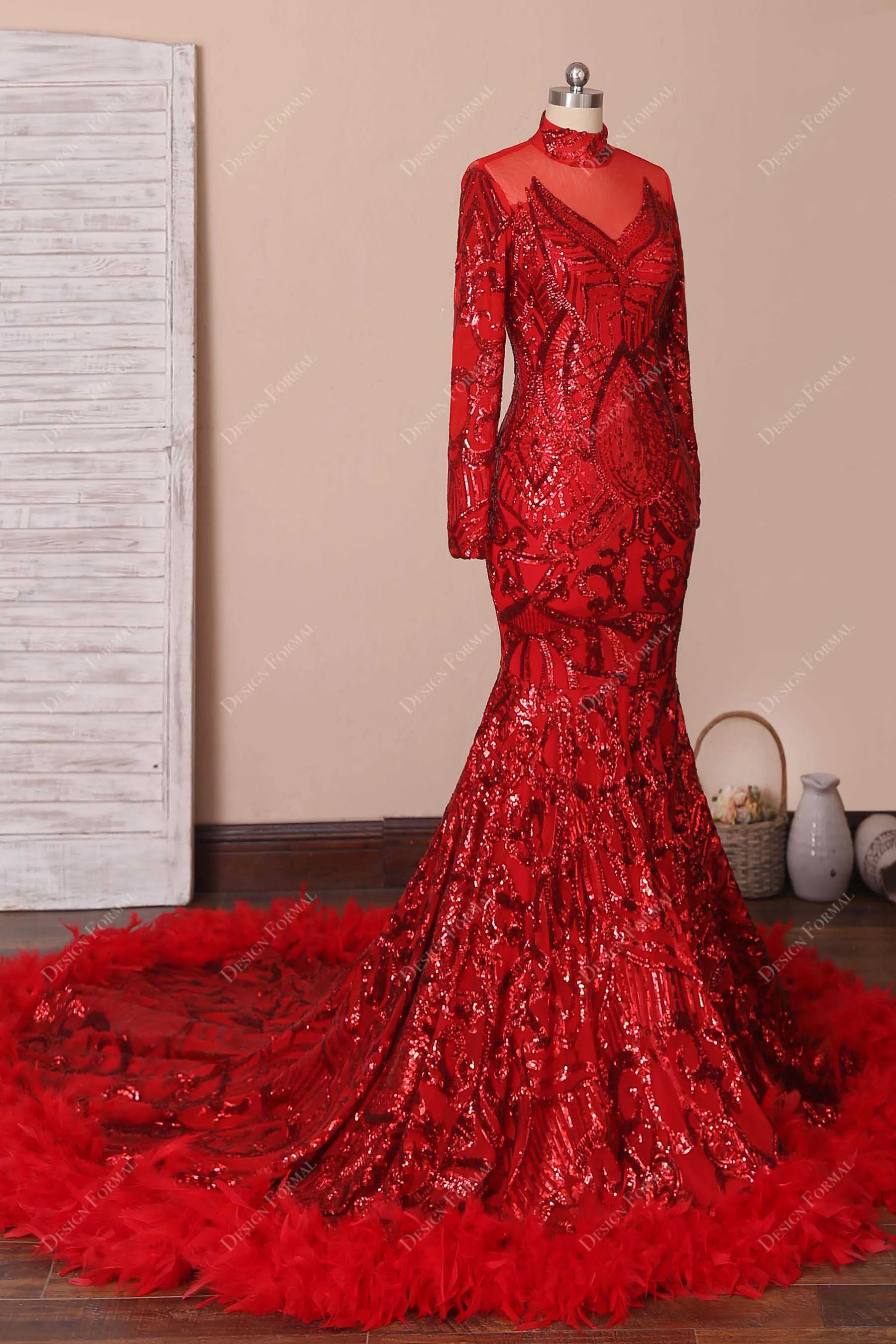 Red Sequin Feather Dramatic Mermaid Prom Dress