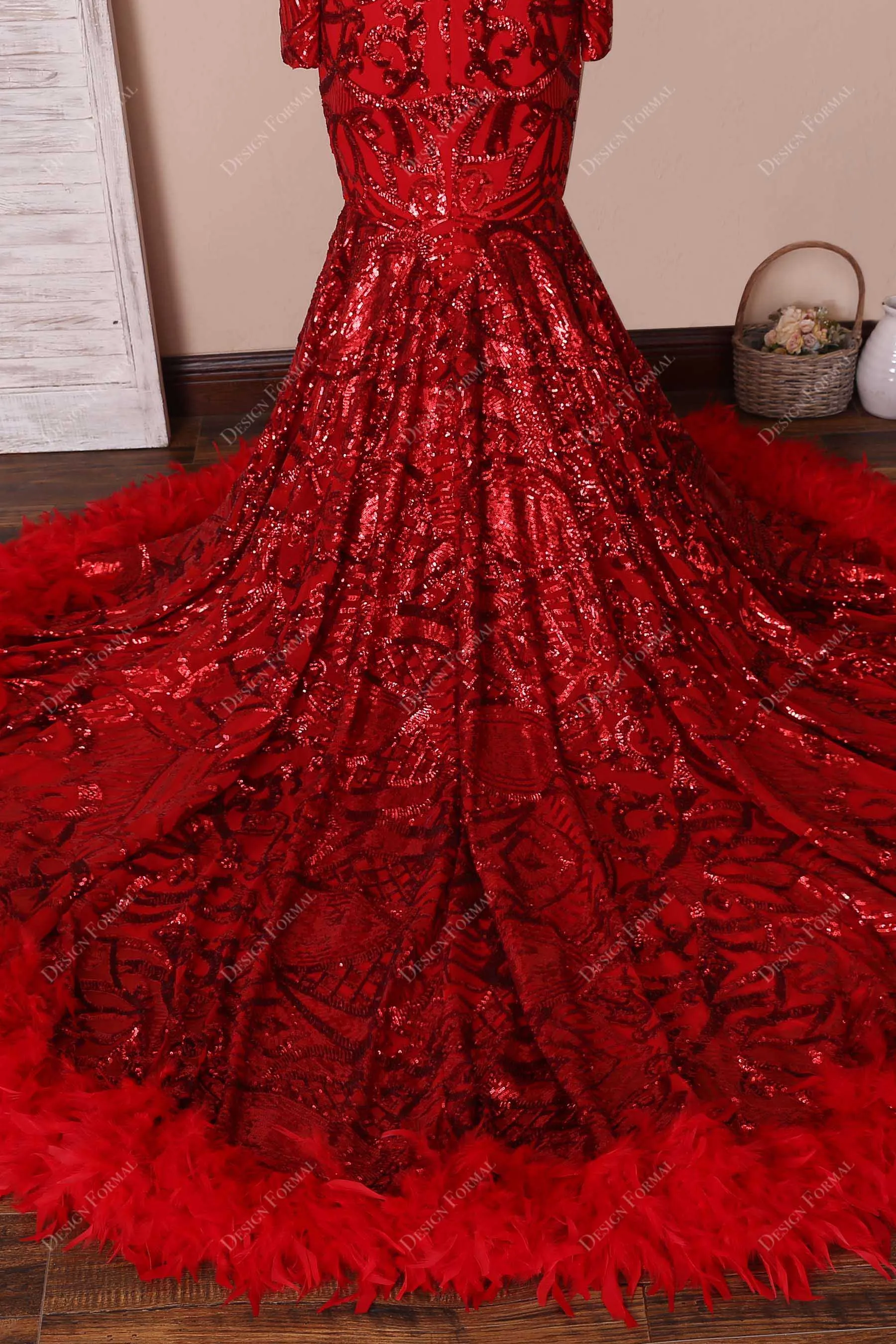 Red Sequin Feather Dramatic Mermaid Prom Dress