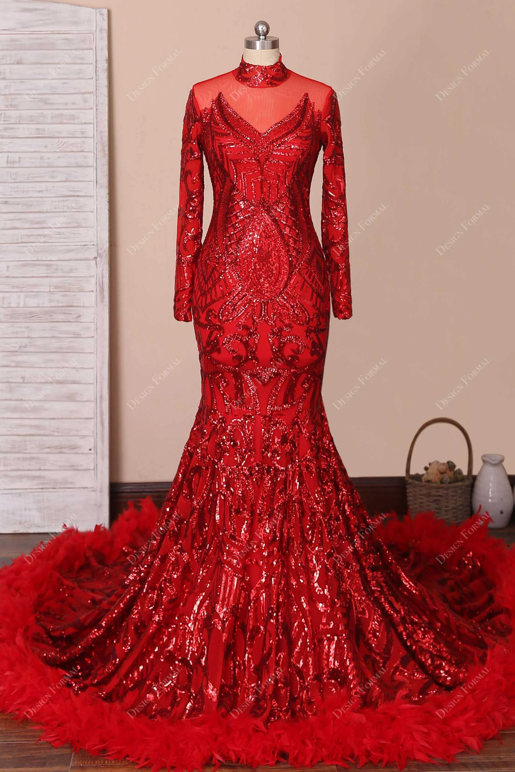 Red Sequin Feather Dramatic Mermaid Prom Dress