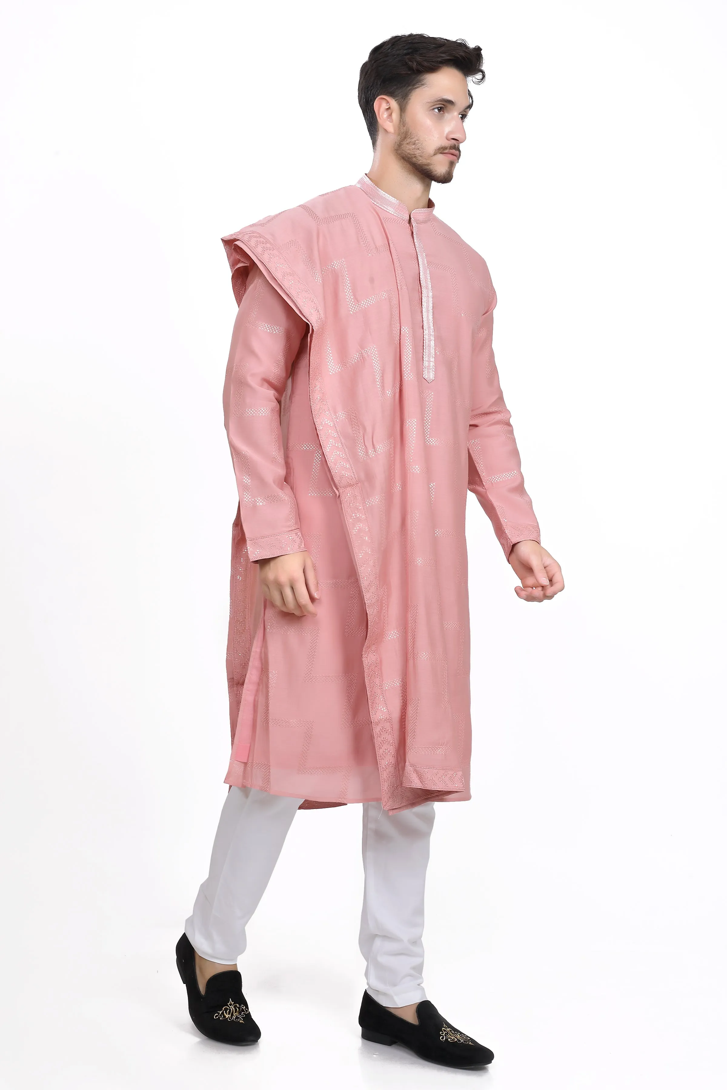 Rose peach mens kurta dupatta and pyjama set