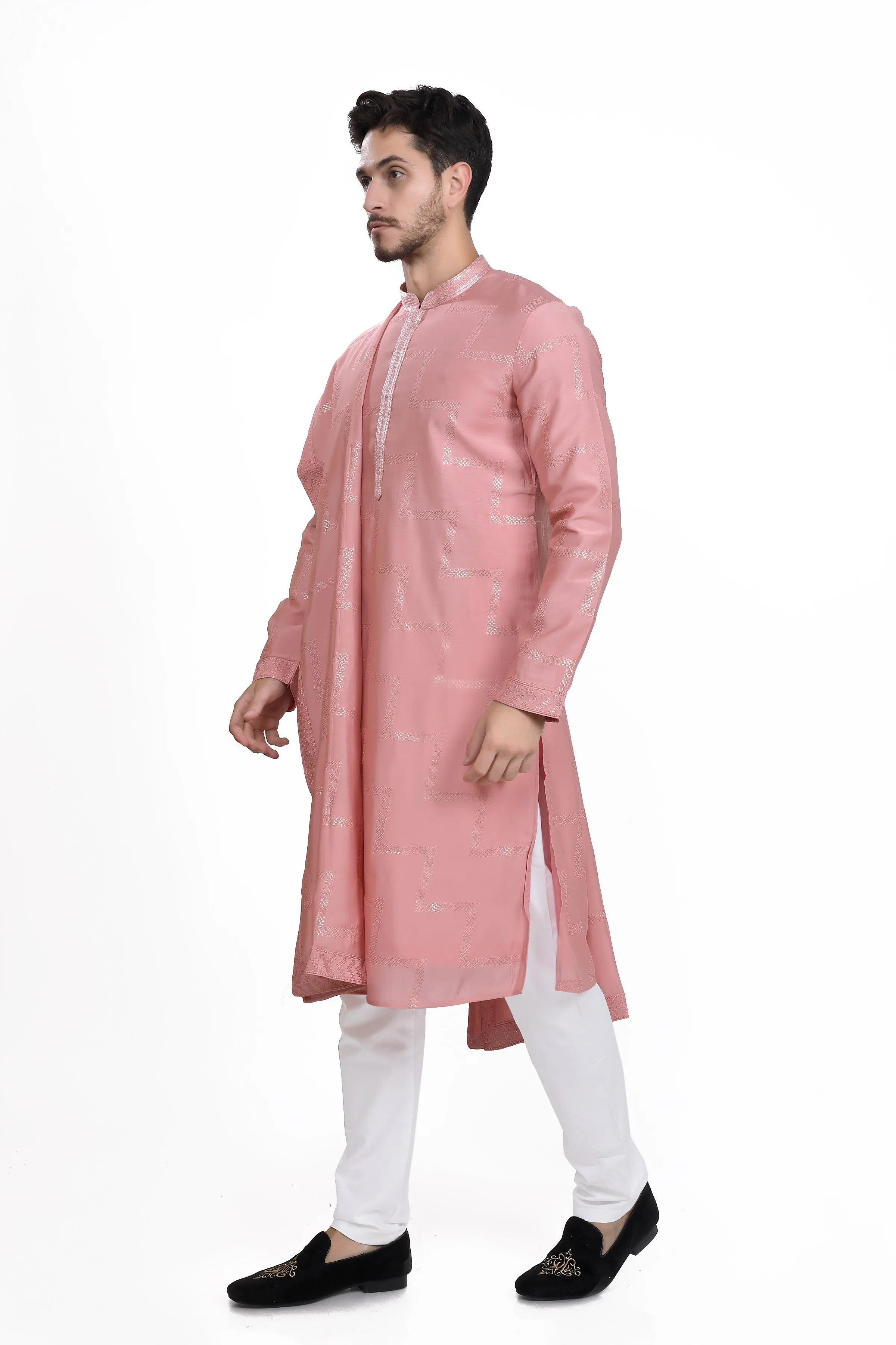 Rose peach mens kurta dupatta and pyjama set