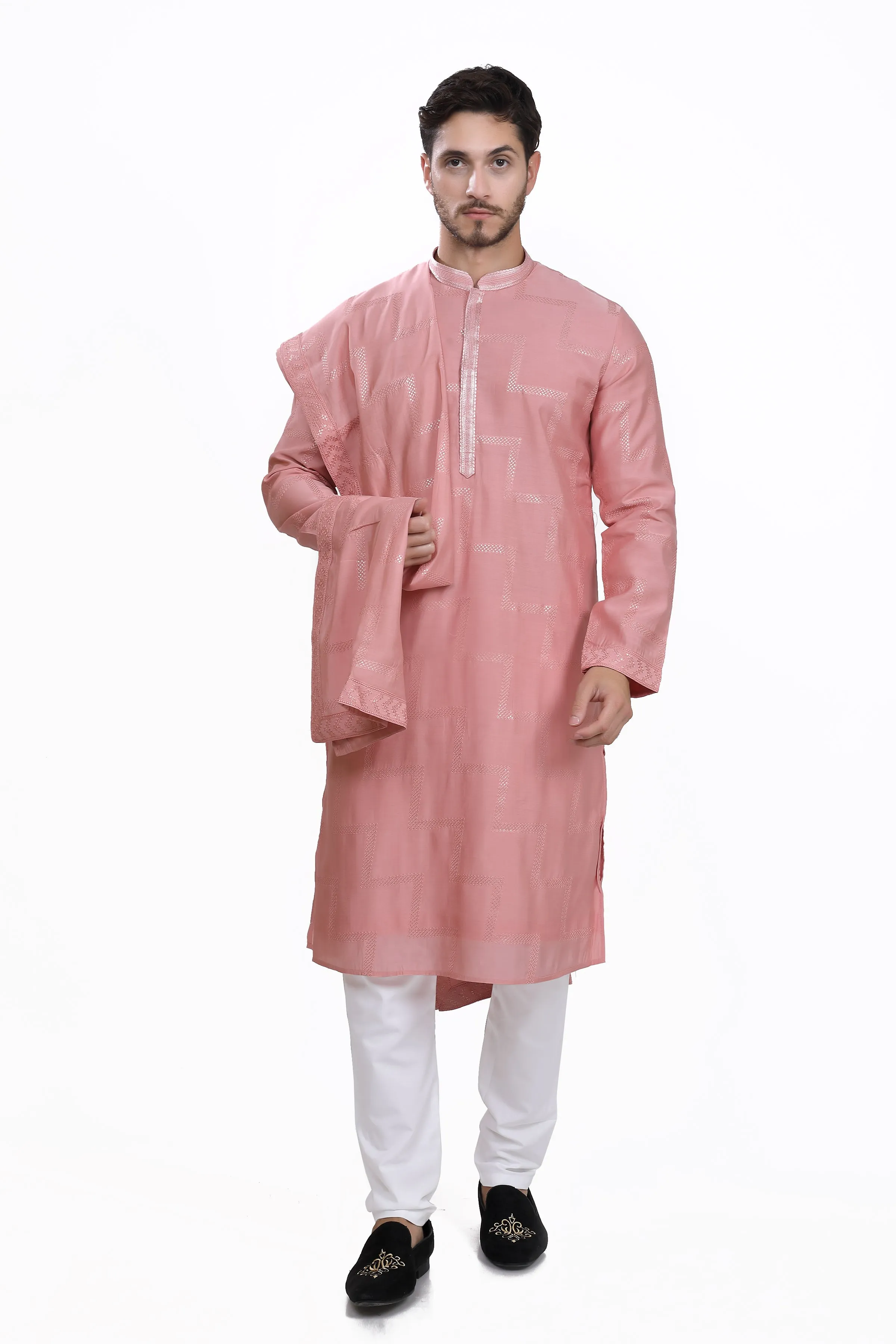 Rose peach mens kurta dupatta and pyjama set