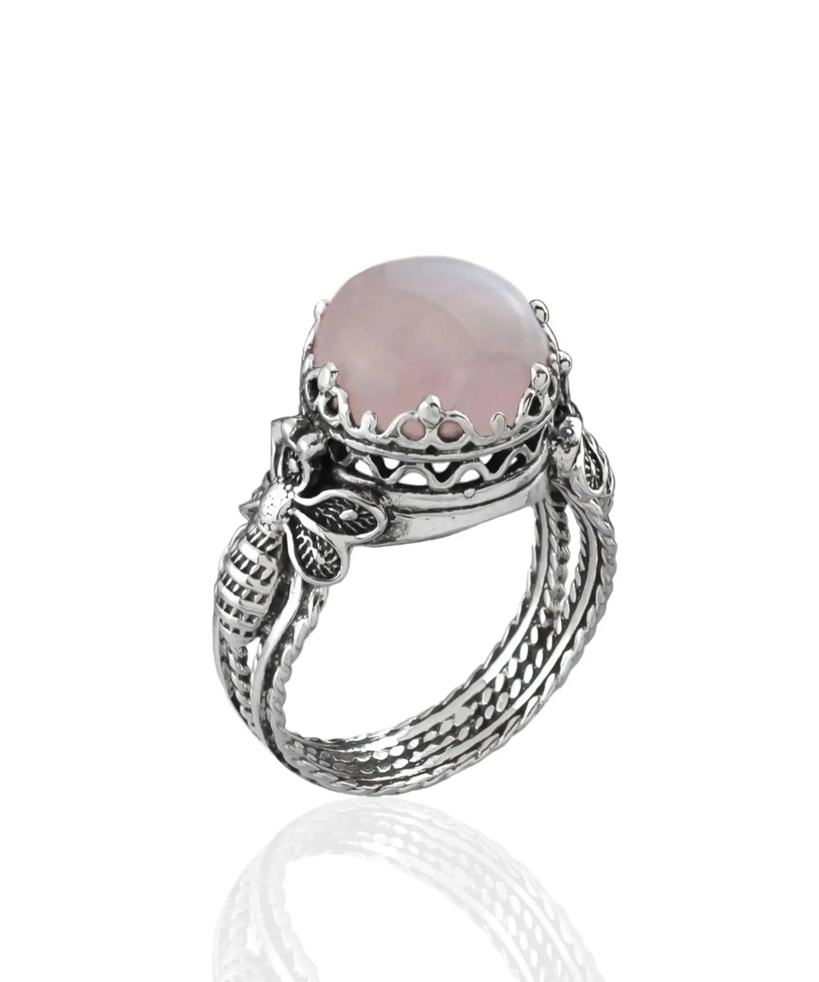 Rose Quartz Bee Cocktail Ring - Silver Filigree Artistry, Wedding Accessory, Valentine's Jewelry, Elegant Gemstone