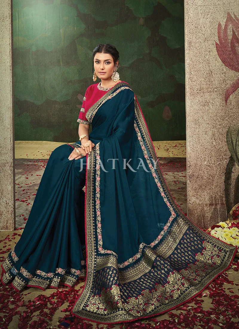 Royal Blue And Pink Embroidery Traditional Satin Silk Saree