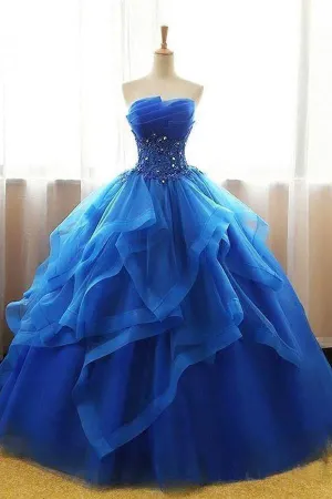 Royal Blue Ball Gown Organza Lace Applique Prom Dresses PG714