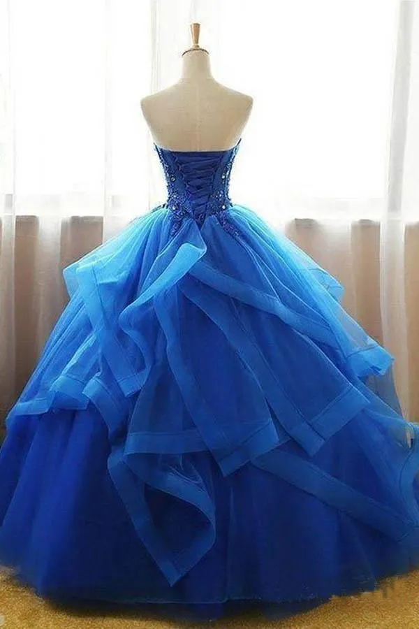 Royal Blue Ball Gown Organza Lace Applique Prom Dresses PG714