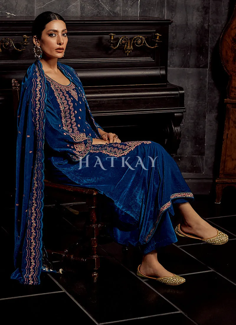 Royal Blue Embroidered Velvet Pant Suit