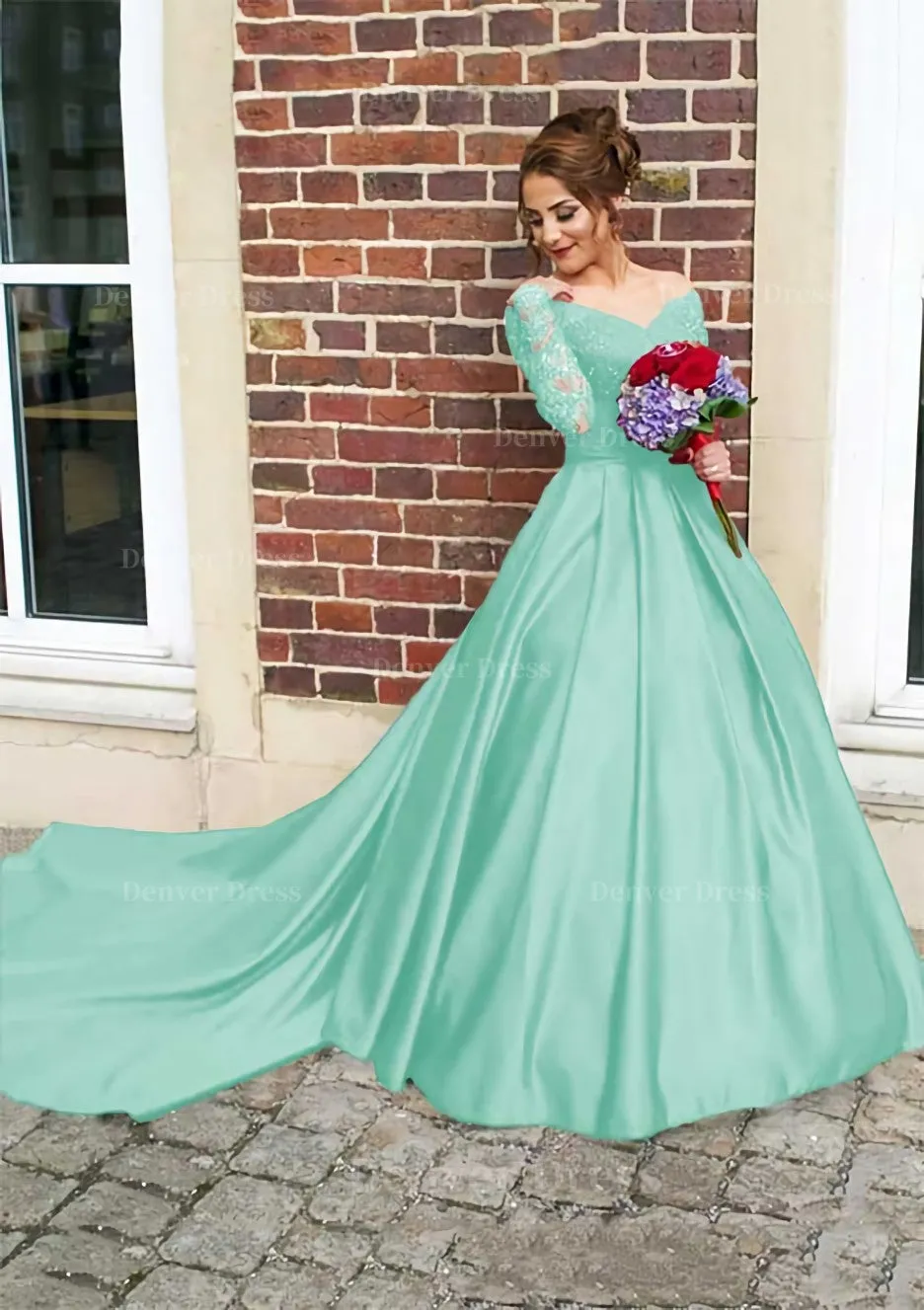 Satin Prom Dress Ball Gown V-Neck Cathedral Train With Lace