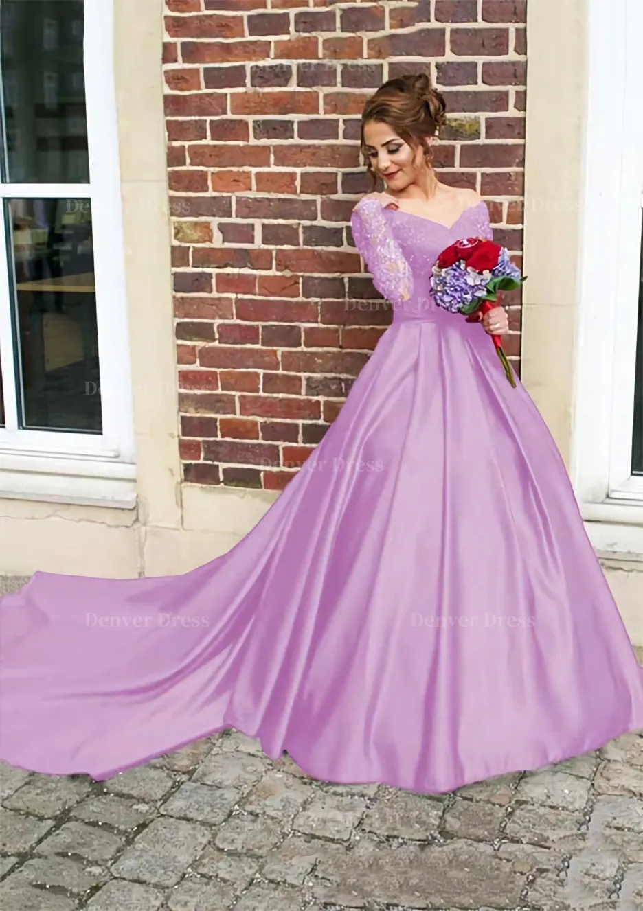 Satin Prom Dress Ball Gown V-Neck Cathedral Train With Lace