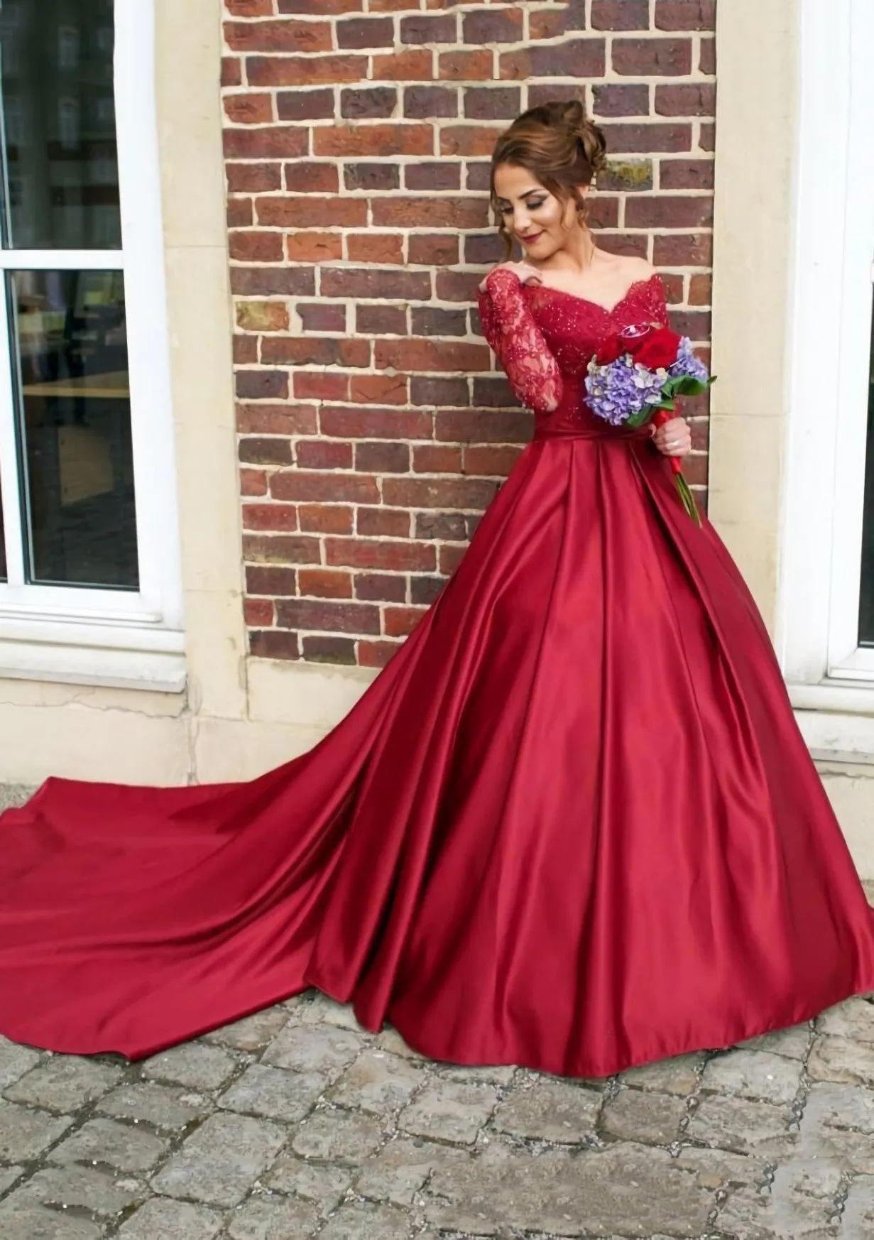 Satin Prom Dress Ball Gown V-Neck Cathedral Train With Lace