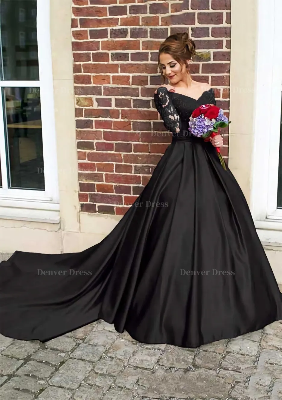 Satin Prom Dress Ball Gown V-Neck Cathedral Train With Lace