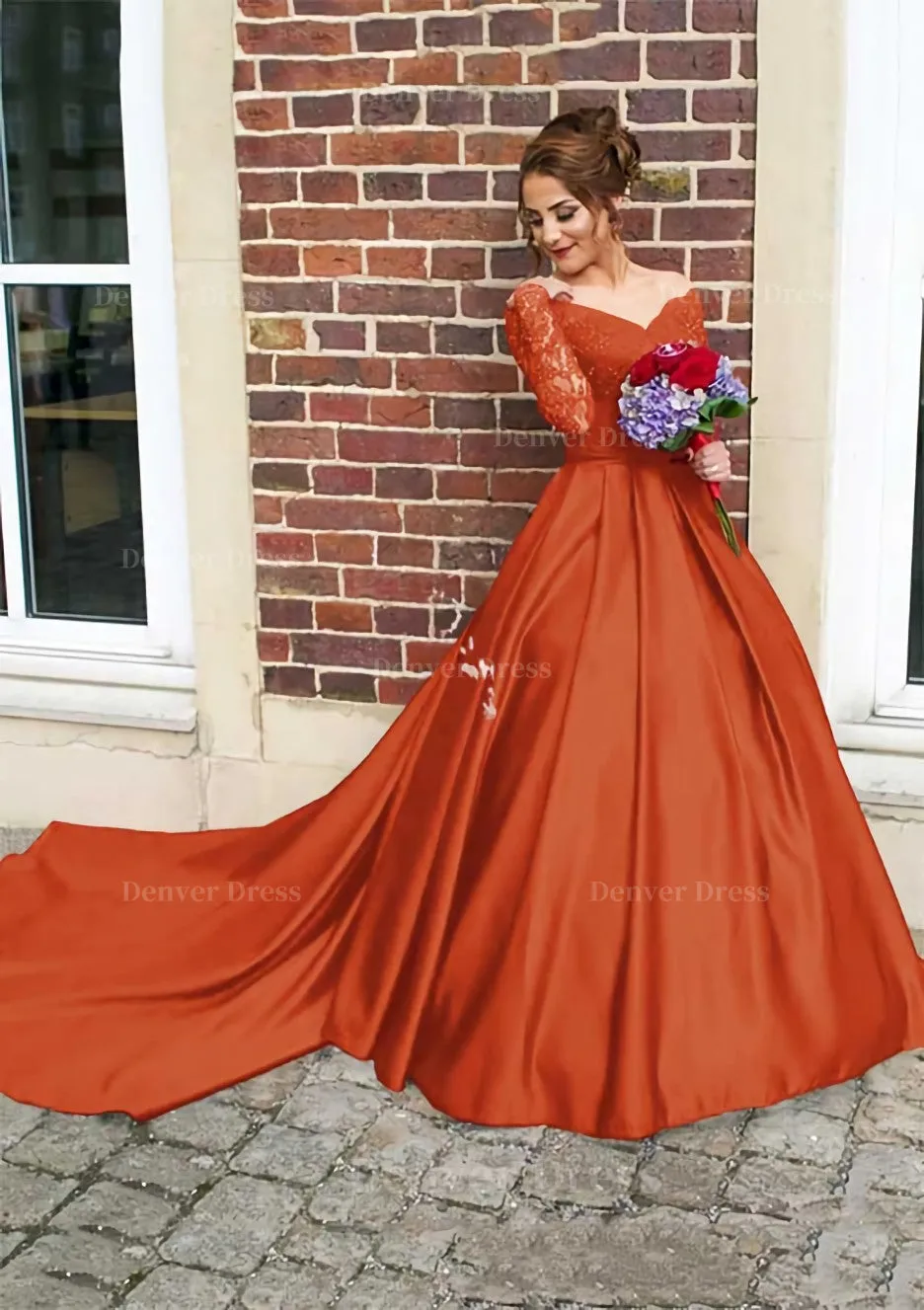 Satin Prom Dress Ball Gown V-Neck Cathedral Train With Lace