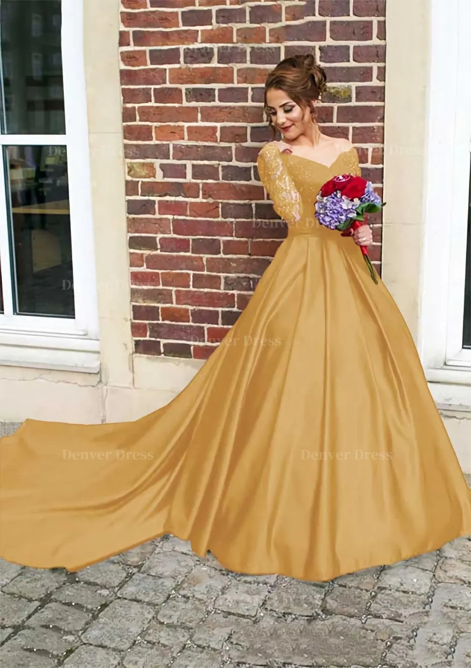 Satin Prom Dress Ball Gown V-Neck Cathedral Train With Lace