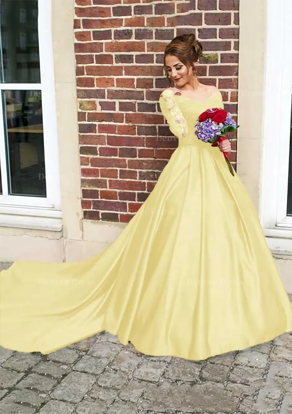 Satin Prom Dress Ball Gown V-Neck Cathedral Train With Lace