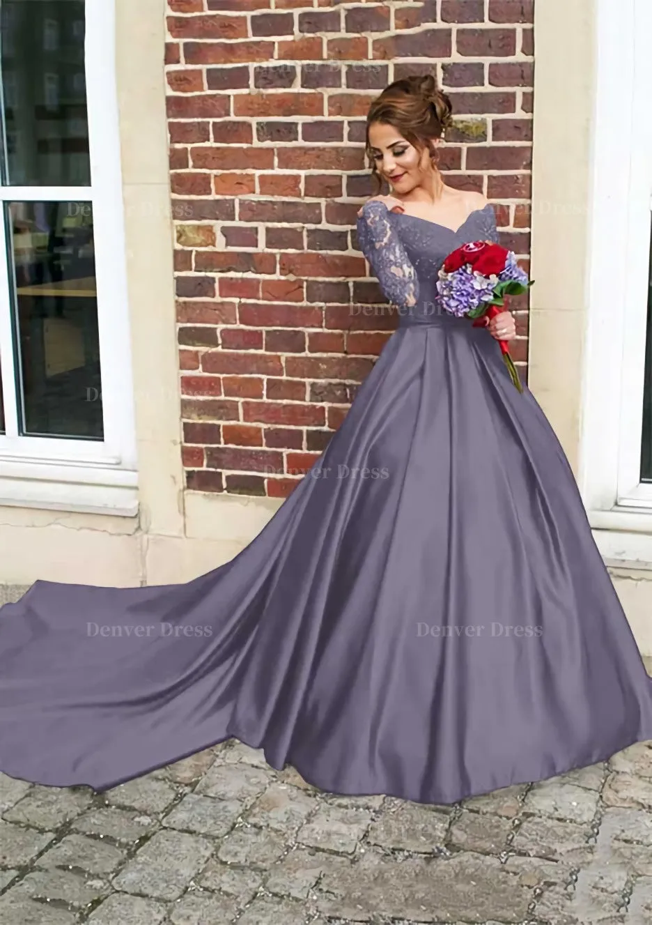 Satin Prom Dress Ball Gown V-Neck Cathedral Train With Lace