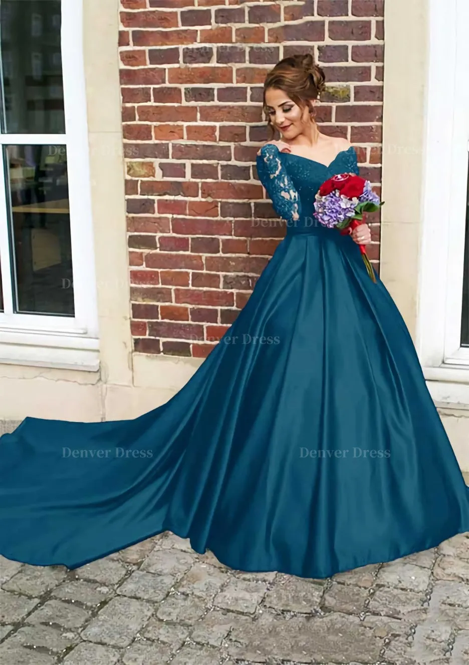 Satin Prom Dress Ball Gown V-Neck Cathedral Train With Lace