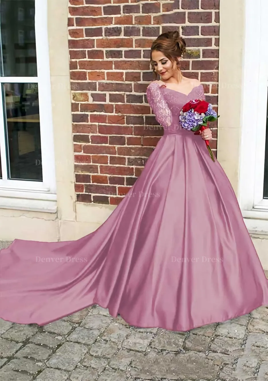 Satin Prom Dress Ball Gown V-Neck Cathedral Train With Lace